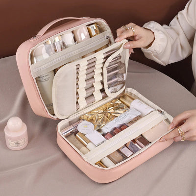 Trousse maquillage - OrganizeBeauty - Rangement innovant - Couleur rose - remplie de produits