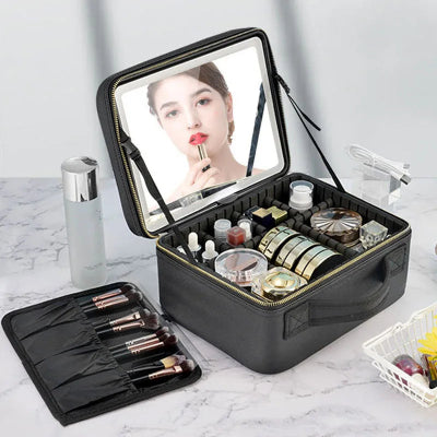 Trousse maquillage - LED miroir - Rangement innovant - Couleur noir - ouverte - remplie de produits