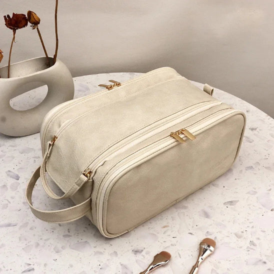 Trousse de maquillage - Luxe - Élégance - Rangement innovant - beige - fermée