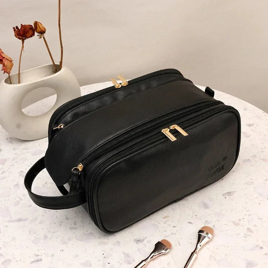 Trousse de maquillage - Luxe - Élégance - Rangement innovant - noir - ouverte