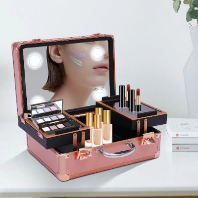Mallette de maquillage led professionnelle ouverte allume posée sur table