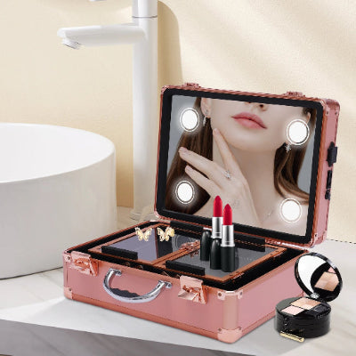 Mallette de maquillage led professionnelle ouverte allumée posée sur table marbre