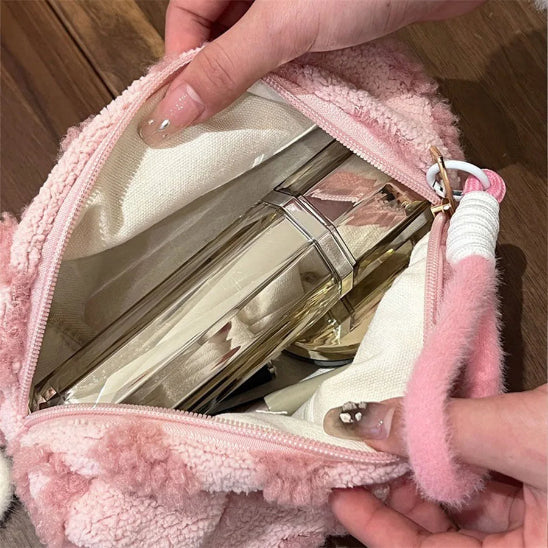 Trousse maquillage - Élégance Nori - rose claire ouverte - posées sur table - rangement innovant