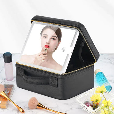 Trousse maquillage - LED miroir - Rangement innovant - Couleur noir - ouverte