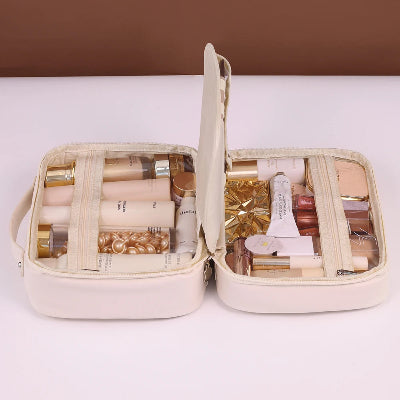 Trousse maquillage - OrganizeBeauty - Rangement innovant - Couleur blanche - ouverte - remplie de produits