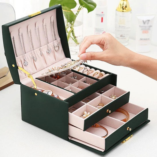 Boite-a-bijoux-prestige-rangement-innovant-vert-avec-ses-tiroirs-ouverts