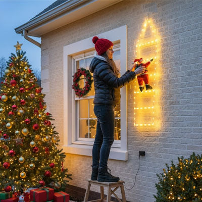 Décoration noël extérieur Féerique lumière chaude père noël escalader mur placé par jeune femme