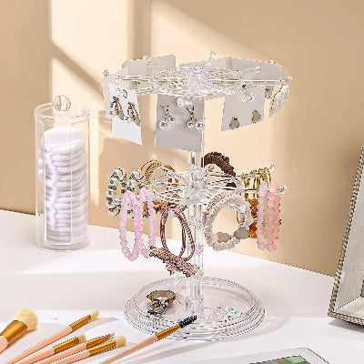 Porte bijoux Élégant pratique transparent deux niveaux rempli de bijoux posé sur support blanc