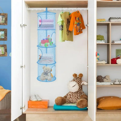 Rangement pour peluche Suspendu 4 compartiments bleu suspendu dans placard chambre enfant