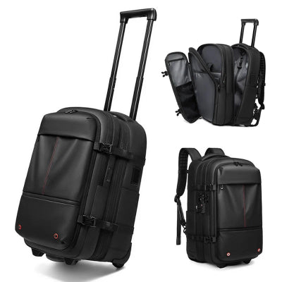 SAC A DOS Compressible avec trolley noir ouvert nombreux compartiments pratiques