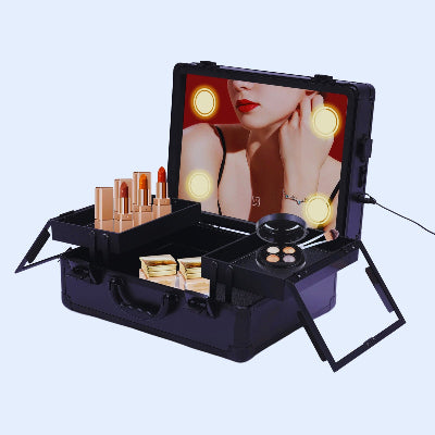 Mallette de maquillage led professionnelle noir ouverte allumée remplie produits cosmétiques