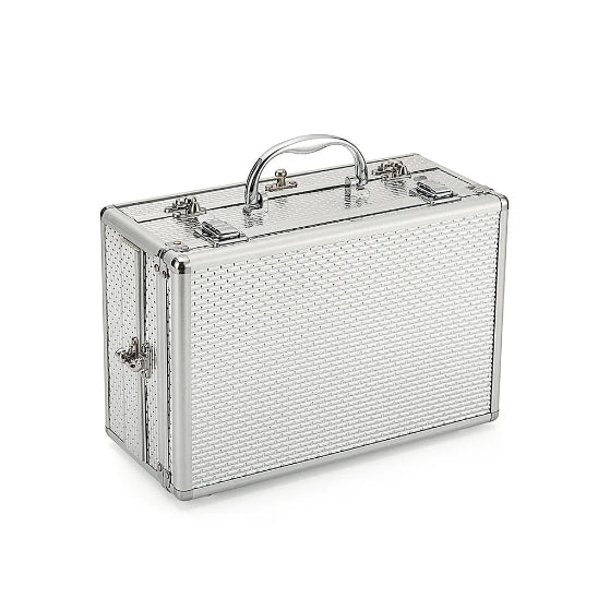 coffret maquillage premium argenté fermé posé debout