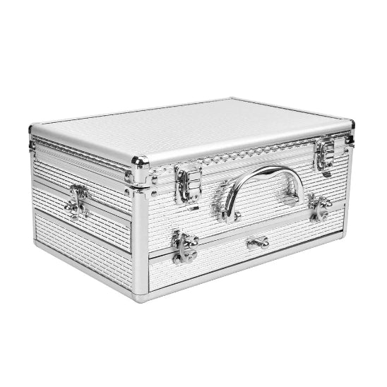 coffret maquillage premium argenté posé horizontalement