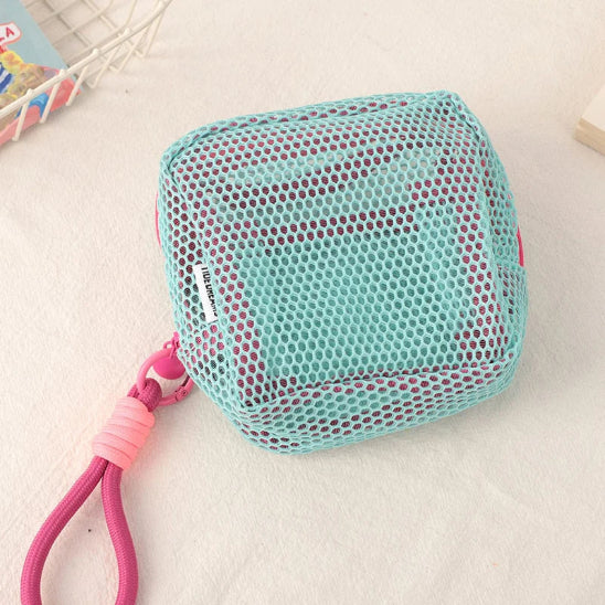 Trousse maquillage - Mesh transparente - Rangement innovant - vert avec cordon rose
