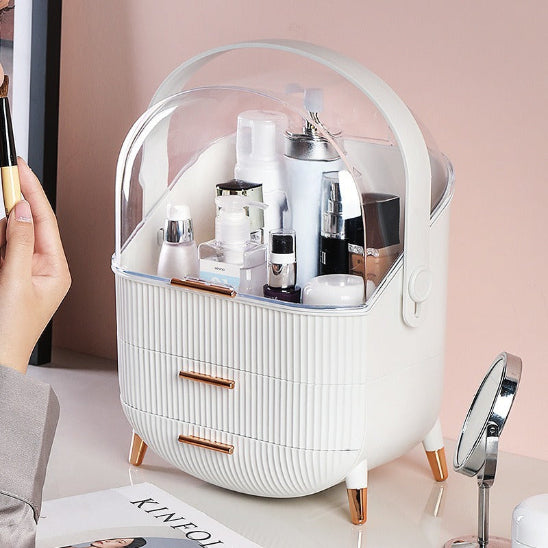 organisateur de maquillage blanc posé sur un bureau rangement innovant