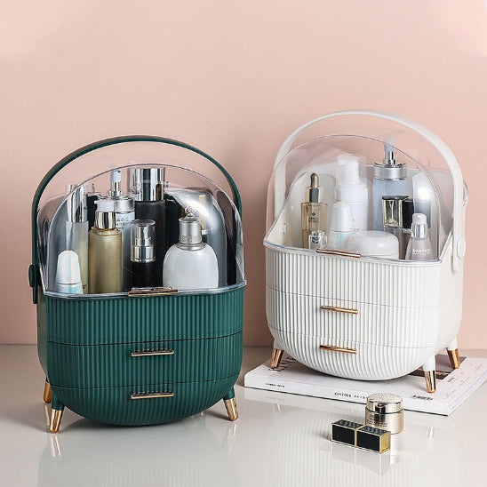 organisateur de maquillage vert et blanc remplis produits cosmétiques rangement innovant