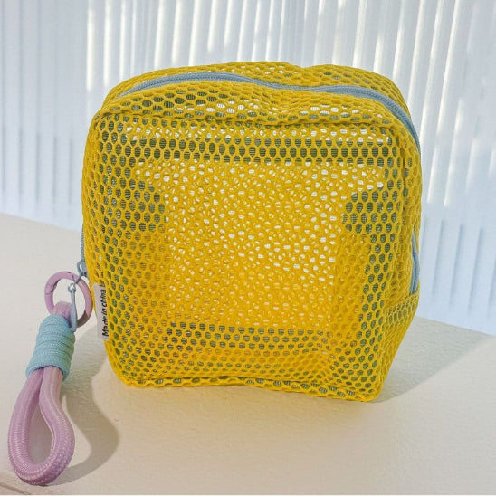 Trousse maquillage - Mesh transparente - Rangement innovant - jaune avec cordon violet