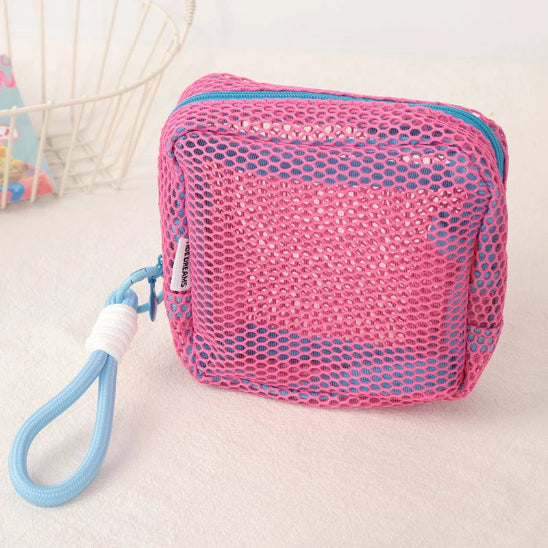Trousse maquillage - Mesh transparente - Rangement innovant - rose avec cordon bleu