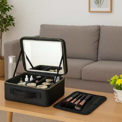 Trousse maquillage - LED miroir - Rangement innovant - Couleur noir - remplie de produits