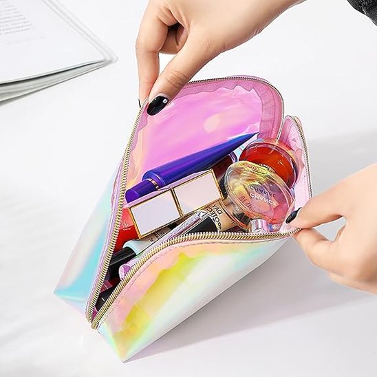 Trousse maquillage - Holographique Iridescente - Rangement innovant - ouverte et remplie de produits