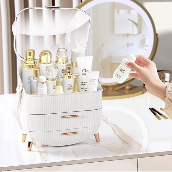 organisateur de maquillage blanc ouvert posé sur maquilleuse rangement innovant