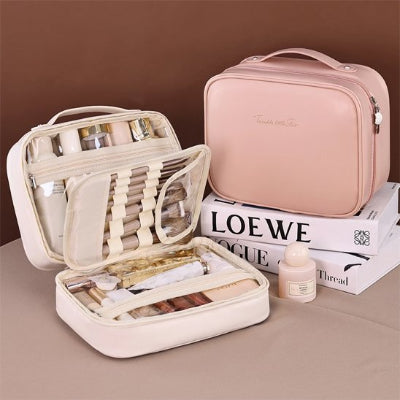 Trousse maquillage - OrganizeBeauty - Rangement innovant - Couleur blanche et rose - remplissant de produits