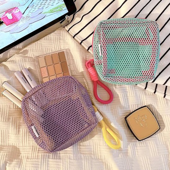 Trousse maquillage - Mesh transparente - Rangement innovant - violet ouverte - jaune fermée