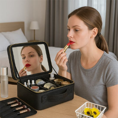 Trousse maquillage - LED miroir - Rangement innovant - Couleur noir - ouverte