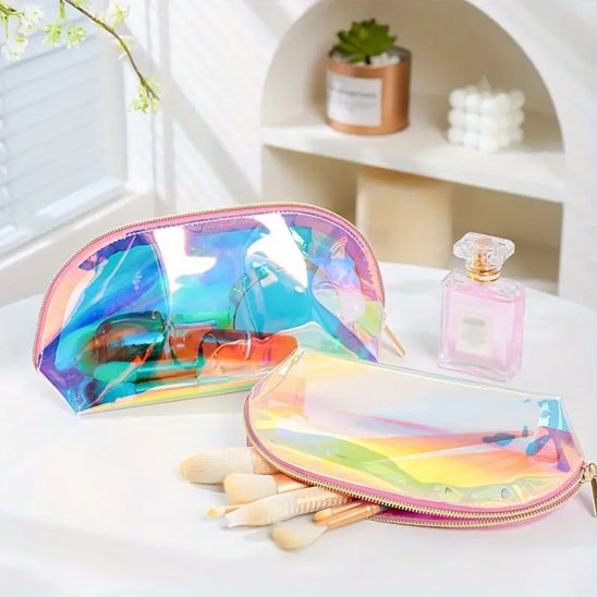 Trousse maquillage - Holographique Iridescente - Rangement innovant - plusieurs ouvertes