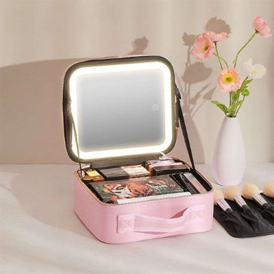 Trousse maquillage - LED miroir - Rangement innovant - Couleur rose - ouverte - remplie de produits