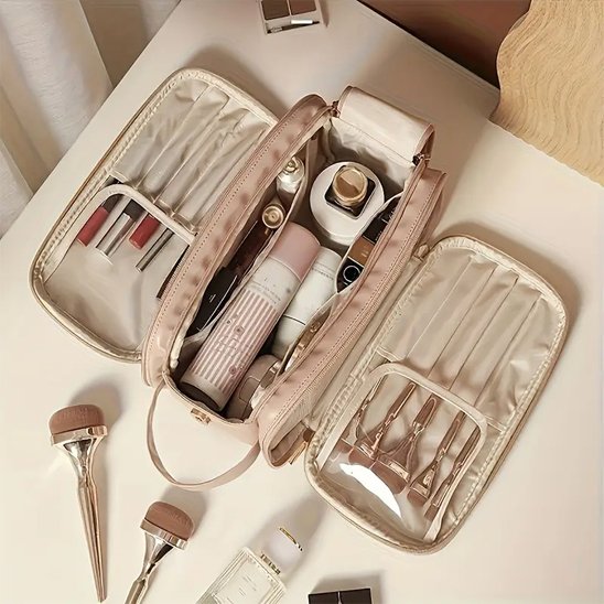 Trousse de maquillage - Luxe - Élégance - Rangement innovant - rose - ouverte et remplie de produits