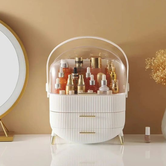 organisateur de maquillage blanc posé sur bureau rangement innovant