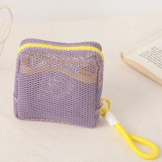 Trousse maquillage - Mesh transparente - Rangement innovant - violet avec cordon jaune