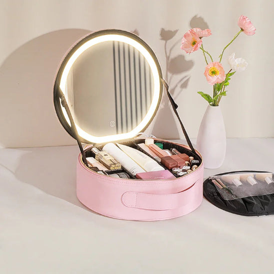 trousse de maquillage led nori rose ouverte remplie produits cosmétiques