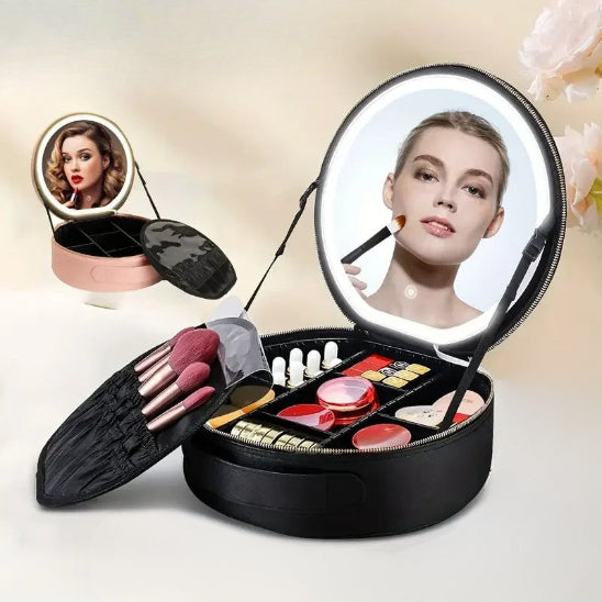 trousse de maquillage led nori rose plusieurs ouvertes remplies produits cosmétiques