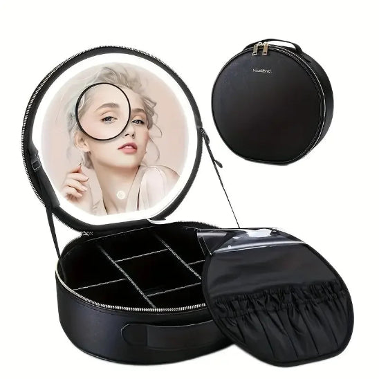 trousse de maquillage led nori noir ouverte avec visage jeune femme dans miroir