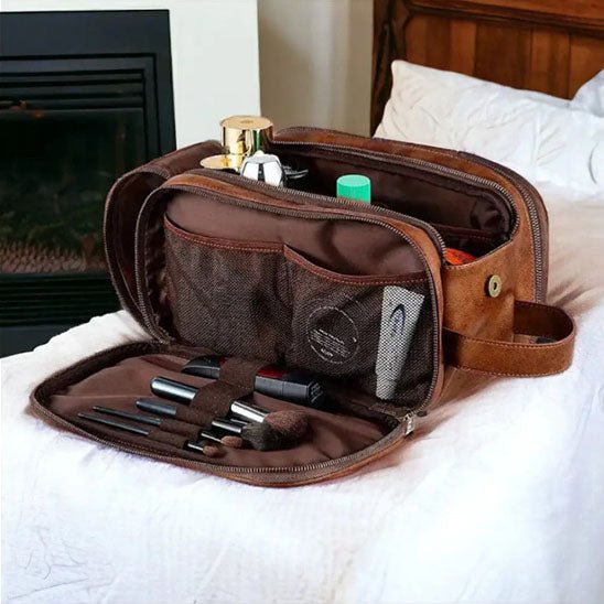 Trousse de Toilette - Polyvalente en Simili Cuir - Brun - Rangement Innovant
