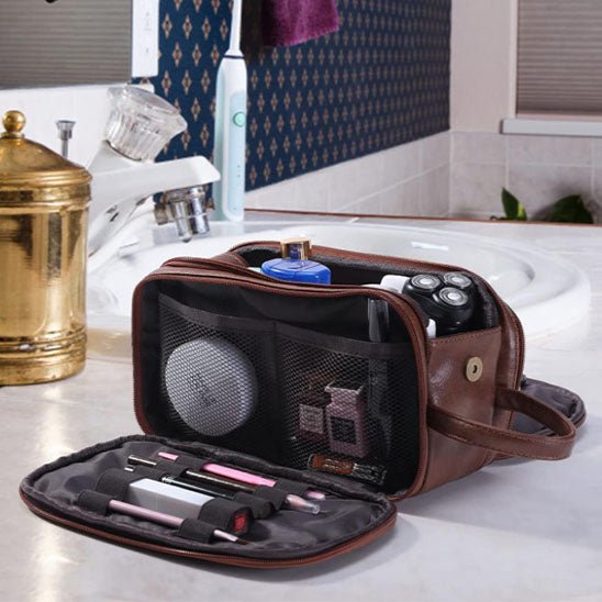Trousse de Toilette - Polyvalente en Simili Cuir - Brun foncé - Rangement Innovant