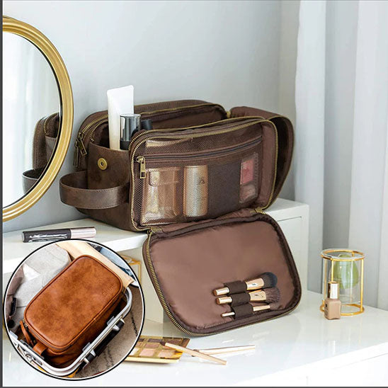 Trousse de Toilette - Polyvalente en Simili Cuir - Brun foncé - Rangement Innovant