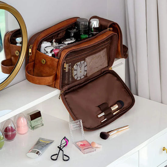 Trousse de Toilette - Polyvalente en Simili Cuir - Brun - Rangement Innovant