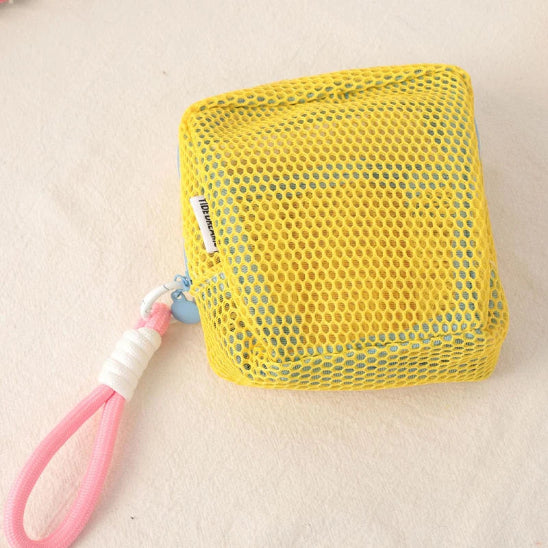 Trousse maquillage - Mesh transparente - Rangement innovant - jaune avec cordon rose
