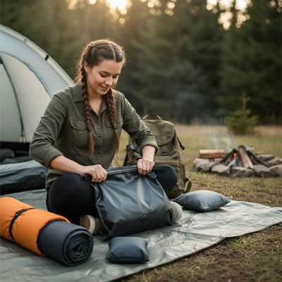 sac sous vide fermé par jeune femme au camping