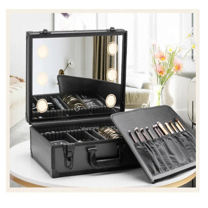 mallette maquillage led pro grande taille noir ouverte allumée