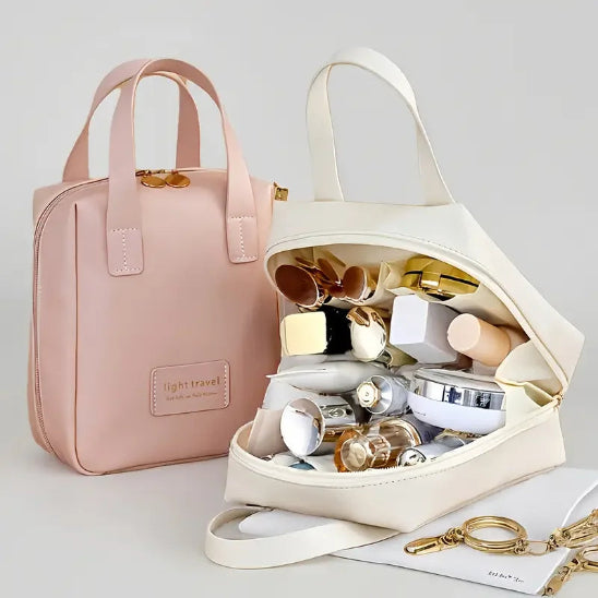 Trousse Maquillage - Élégance Voyage - blanc ouverte et rose fermée - rangement innovant