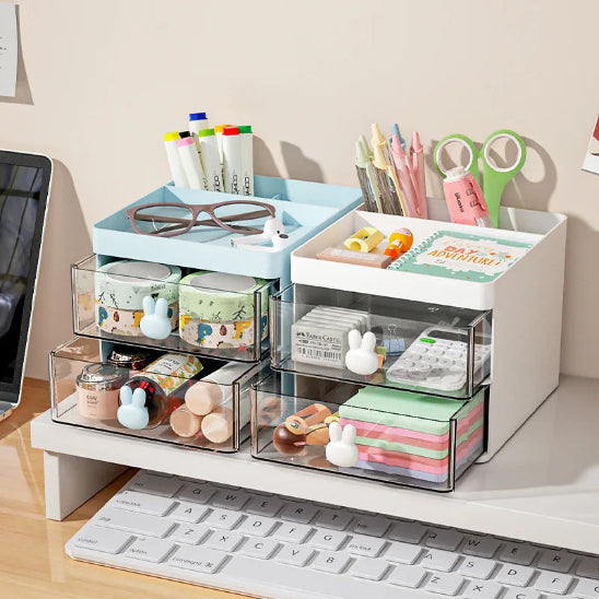 Organisateur de bureau Premium blanc et bleu remplis fournitures scolaires