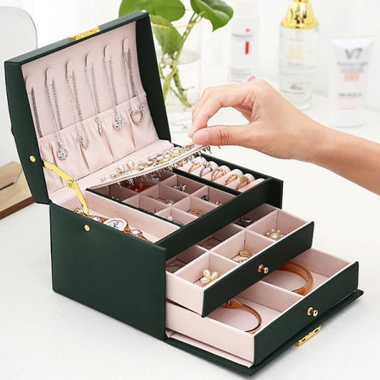Boite-a-bijoux-prestige-rangement-innovant-vert-avec-ses-tiroirs-ouverts