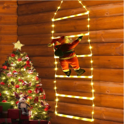 Décoration noël extérieur Féerique lumière chaude père noël escalader mur en bois