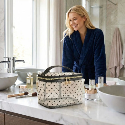 Trousse de toilette femme pratique  Élégante Voyage jaune posée entre lavabos salle de bain luxueuse