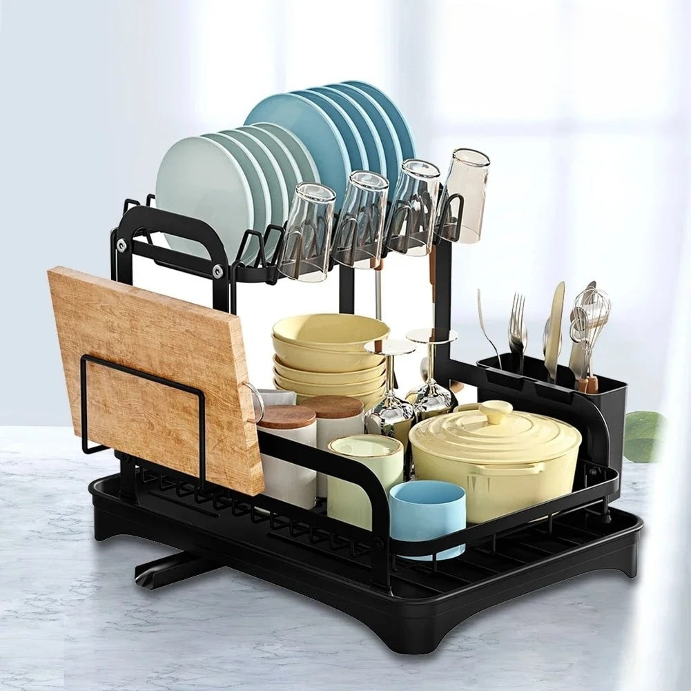 Egouttoir-vaisselle-double-étage-rangement-innovant-sur-fond-blanc