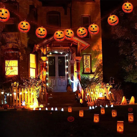 Guirlande ÉcoLumière lumière citrouille orange allumée suspendue décoration entrée maison